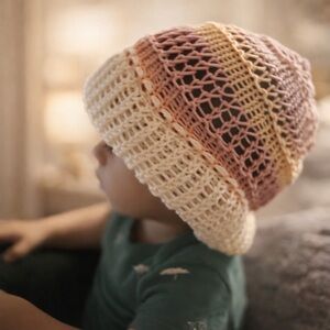 Hand Crafted Kids Crochet Beanie in Cream and Pink